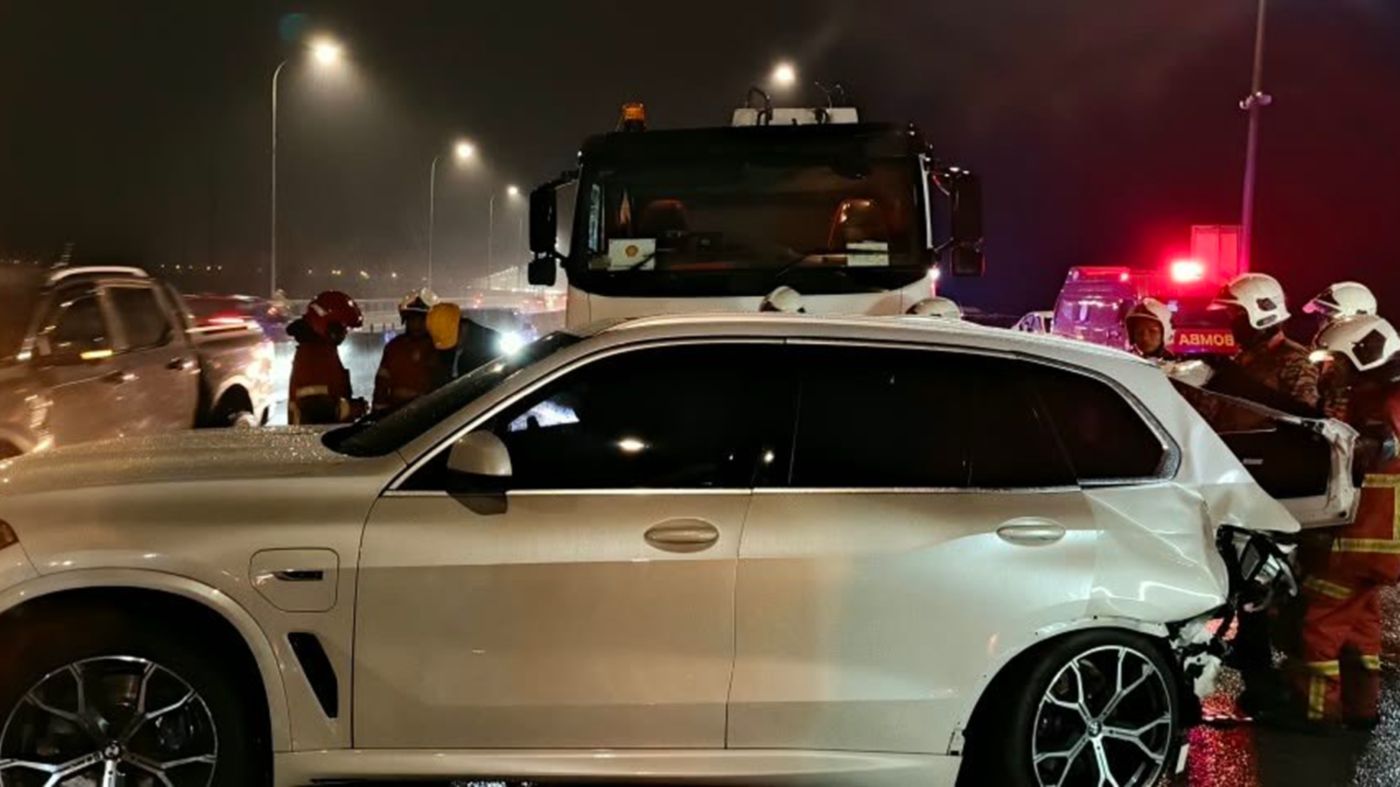BMW and oil tanker crash scene on Penang Bridge